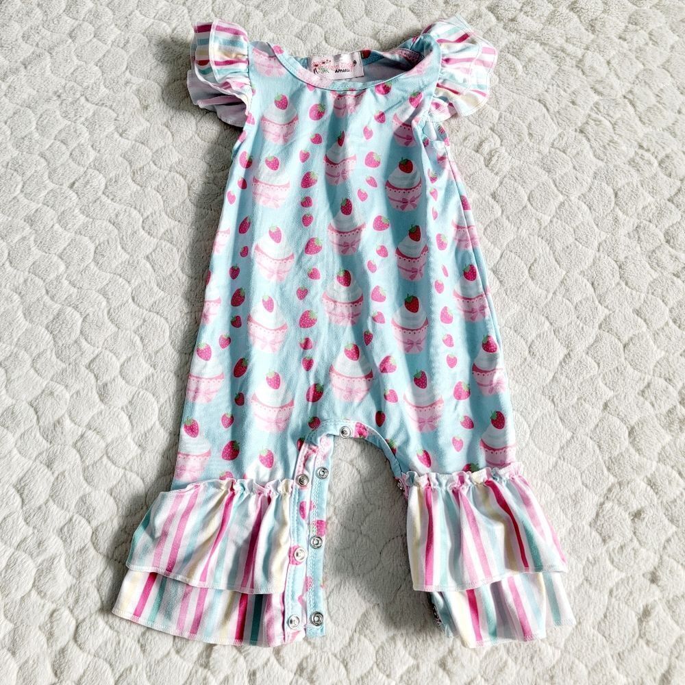 Baby ruffle jumper jumpsuit cupcakes strawberries stripes birthday party outfit